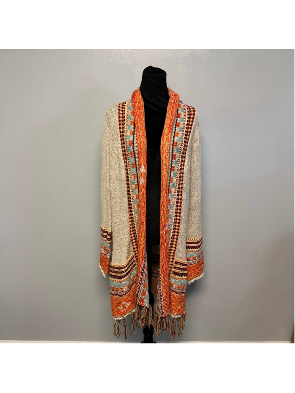 B.Original by Shoe Fly Long knit Cardigan Beige & Orange Women’s Medium Boho - Picture 5 of 11